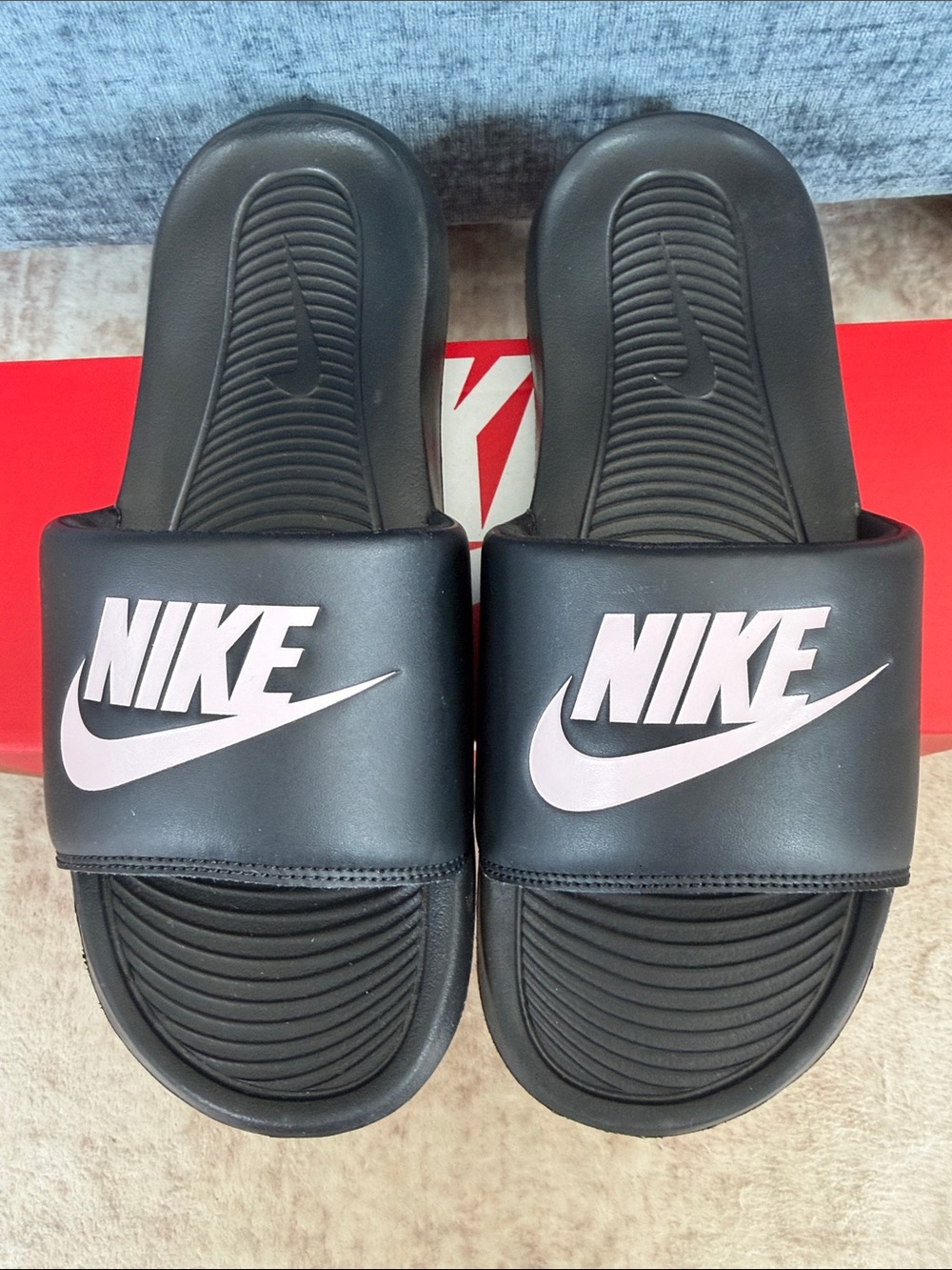 Nike Women’s Victori One Black Slide Sandals with Pale Pink Logo